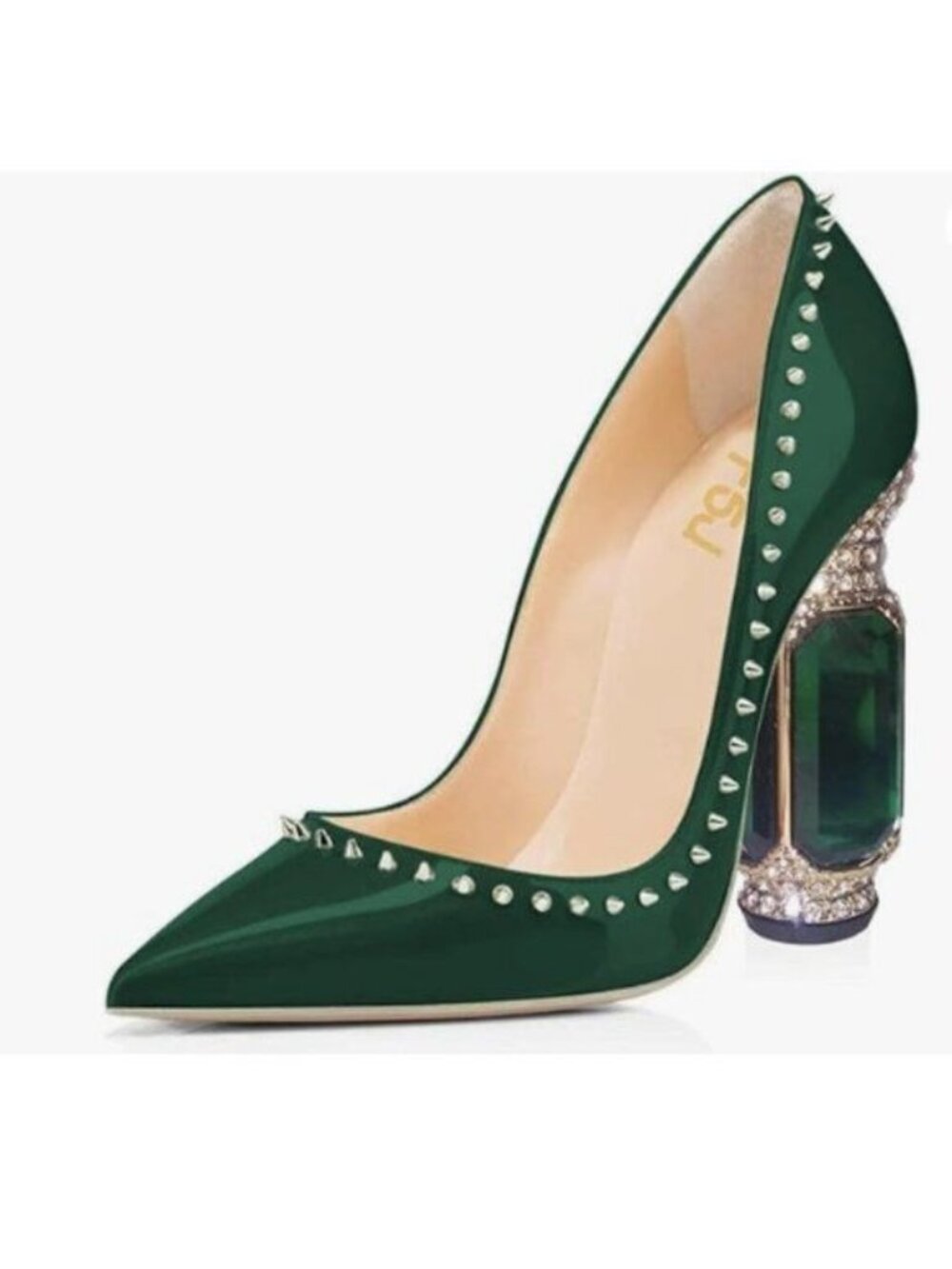 FSJ Women Bridal Pointed Toe Chunky Block High Heel Crystal Pumps Green